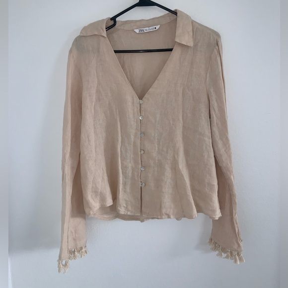 Zara Linen Fringe Bell Sleeve Button Down Shirt - Picture 4 of 9